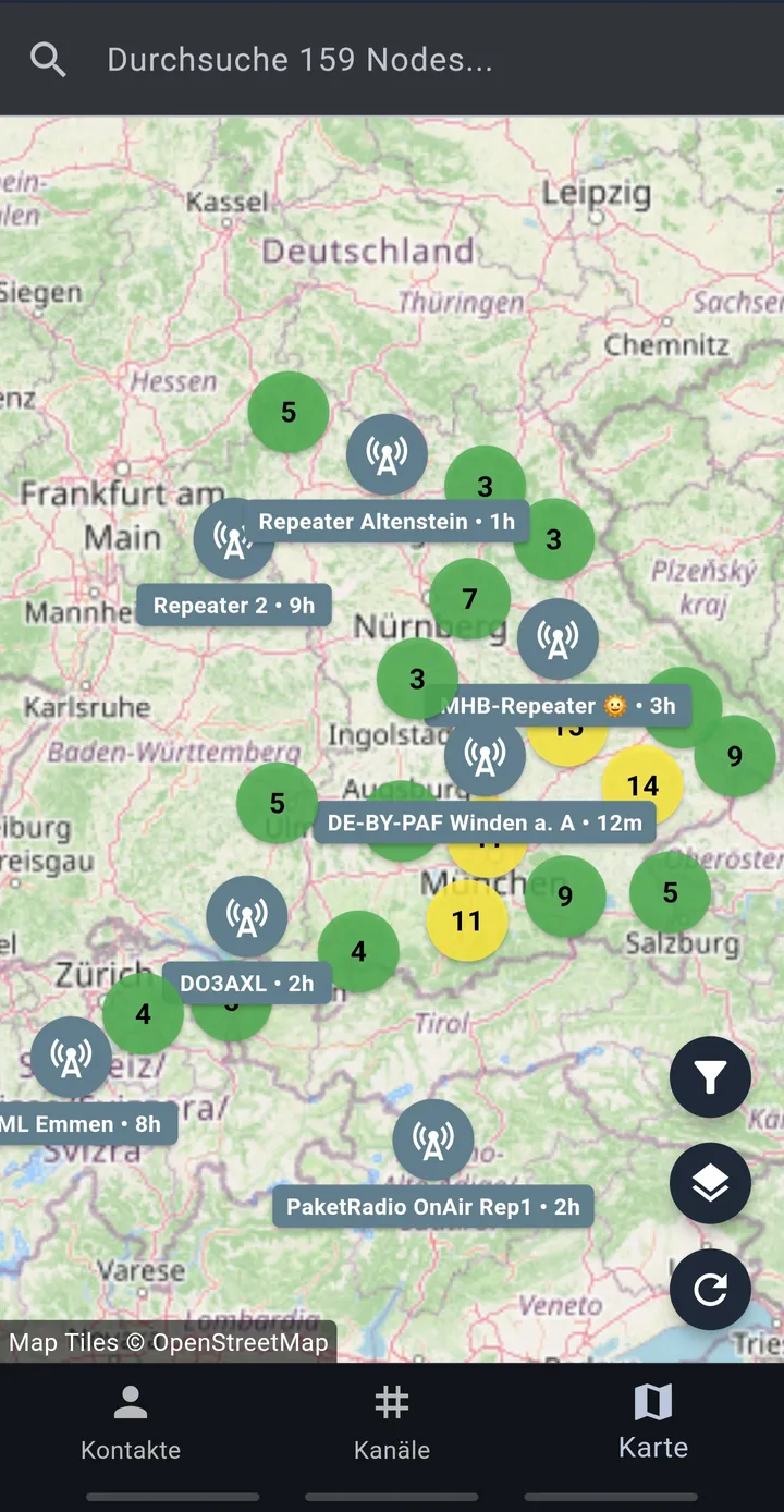 Kartenausschnitt der MeshCore-App mit Nodes von Frankfurt bis Salzburg